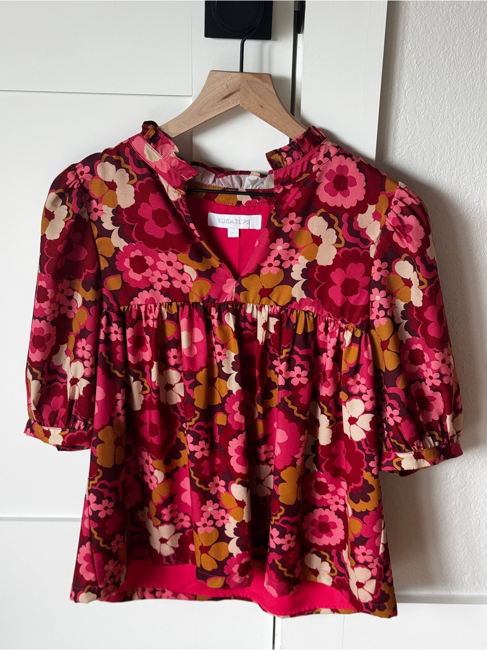 Sugarlips Floral Puff Sleeve Top - Pink & Burgundy